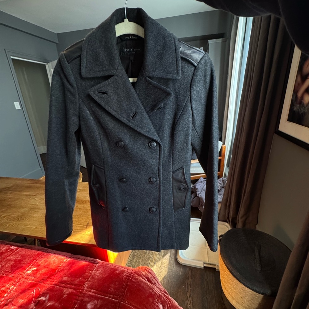 Rag & Bone leather trimmed pea coat xs
